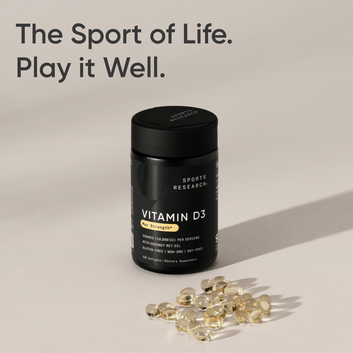 Sports Research® Vitamin D3 10.000 IE (250 µg) mit Kokos-MCT-Öl – Maximalstärke Vitamin-D-Ergänzung – Glutenfrei · Nicht-GVO · Sojafrei – 120 Weichkapseln