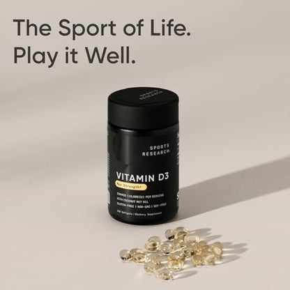 Sports Research® Vitamin D3 10.000 IE (250 µg) mit Kokos-MCT-Öl – Maximalstärke Vitamin-D-Ergänzung – Glutenfrei · Nicht-GVO · Sojafrei – 120 Weichkapseln