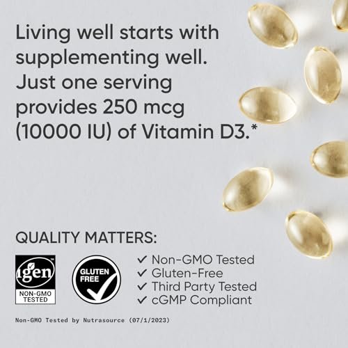 Sports Research® Vitamin D3 10.000 IE (250 µg) mit Kokos-MCT-Öl – Maximalstärke Vitamin-D-Ergänzung – Glutenfrei · Nicht-GVO · Sojafrei – 120 Weichkapseln
