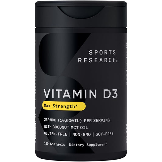 Sports Research® Vitamin D3 10.000 IE (250 µg) mit Kokos-MCT-Öl – Maximalstärke Vitamin-D-Ergänzung – Glutenfrei · Nicht-GVO · Sojafrei – 120 Weichkapseln