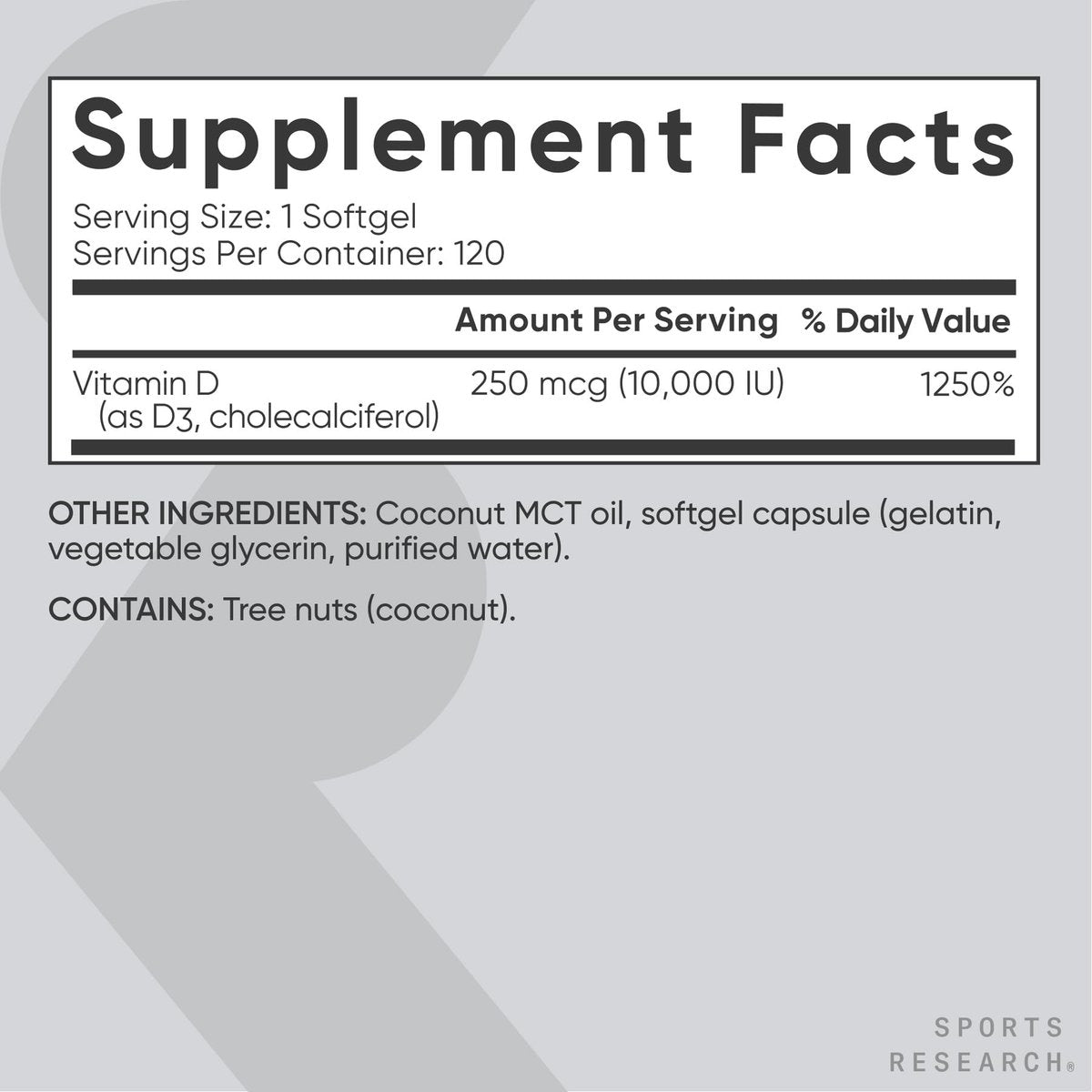 Sports Research® Vitamin D3 10.000 IE (250 µg) mit Kokos-MCT-Öl – Maximalstärke Vitamin-D-Ergänzung – Glutenfrei · Nicht-GVO · Sojafrei – 120 Weichkapseln