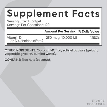 Sports Research® Vitamin D3 10.000 IE (250 µg) mit Kokos-MCT-Öl – Maximalstärke Vitamin-D-Ergänzung – Glutenfrei · Nicht-GVO · Sojafrei – 120 Weichkapseln