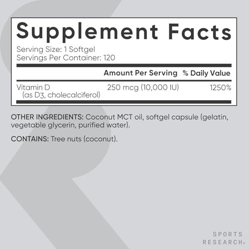 Sports Research® Vitamin D3 10.000 IE (250 µg) mit Kokos-MCT-Öl – Maximalstärke Vitamin-D-Ergänzung – Glutenfrei · Nicht-GVO · Sojafrei – 120 Weichkapseln