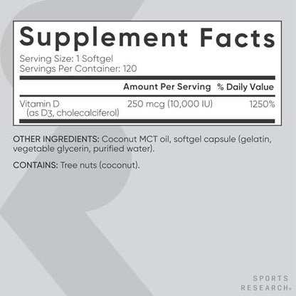Sports Research® Vitamin D3 10.000 IE (250 µg) mit Kokos-MCT-Öl – Maximalstärke Vitamin-D-Ergänzung – Glutenfrei · Nicht-GVO · Sojafrei – 120 Weichkapseln