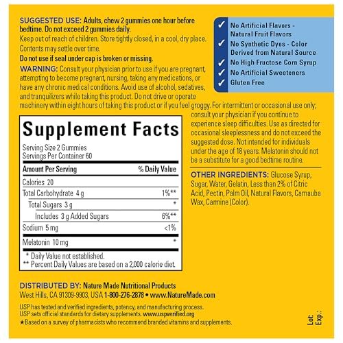 Nature Made Melatonin 10 mg Gummis – Einschlafhilfe für Erwachsene, Höchstdosis, 120 Stück, 60 Tage Vorrat
