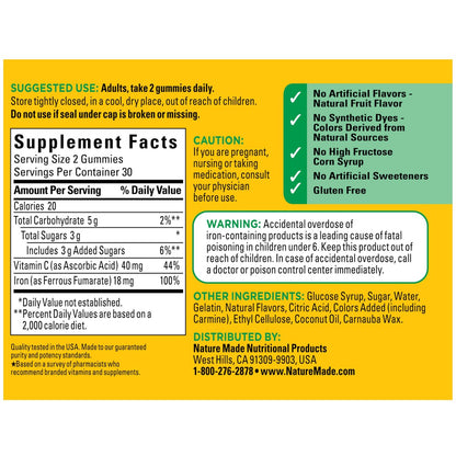 Nature Made Eisen 18 mg pro Portion Gummis mit Vitamin C – Eisenpräparat zur Unterstützung roter Blutkörperchen, 60 Gummis, 30-Tage-Vorrat
