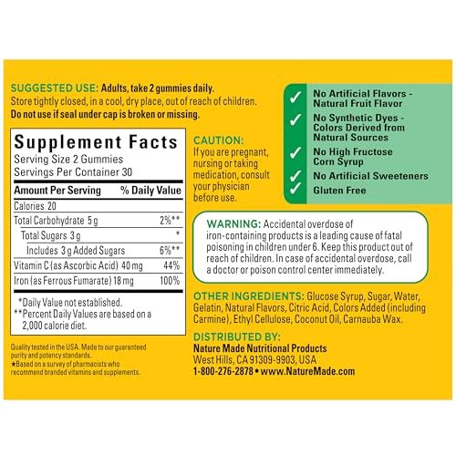 Nature Made Eisen 18 mg pro Portion Gummis mit Vitamin C – Eisenpräparat zur Unterstützung roter Blutkörperchen, 60 Gummis, 30-Tage-Vorrat