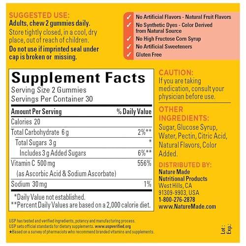 Nature Made Extra Strength Vitamin C 500 mg Gummis - Immunstärkung, 60 Stück, 30 Tage Vorrat