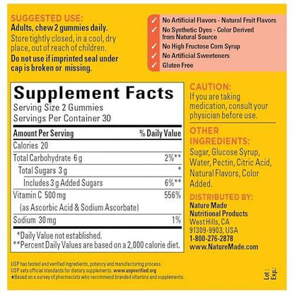 Nature Made Extra Strength Vitamin C 500 mg Gummis - Immunstärkung, 60 Stück, 30 Tage Vorrat