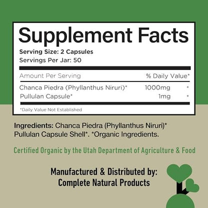 Chanca Piedra Bio-Kapseln 500 mg – Phyllanthus Niruri Steinbrecher Extrakt, Nieren-Gallenblasen-Leber Unterstützung, 100 Kapseln, Non GMO, Alkoholfrei, Vegan, Hergestellt in USA