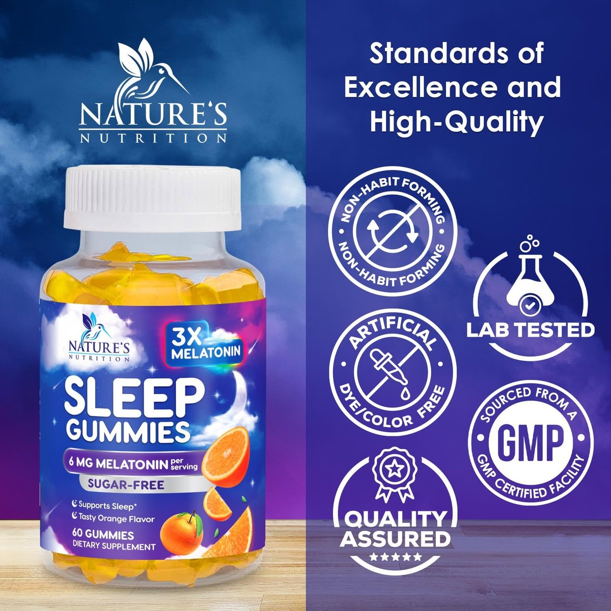 Melatonin Einschlaf Gummibärchen - 6mg pro Portion - Zuckerfreie Melatonin Gummis für Erwachsene - Extra starkes Schlaf-Gummipräparat - Unterstützt erholsamen Schlaf - Leckerer Orangen-Geschmack - 60 Gummis