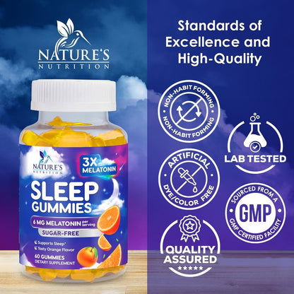 Melatonin Einschlaf Gummibärchen - 6mg pro Portion - Zuckerfreie Melatonin Gummis für Erwachsene - Extra starkes Schlaf-Gummipräparat - Unterstützt erholsamen Schlaf - Leckerer Orangen-Geschmack - 60 Gummis