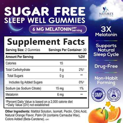 Melatonin Einschlaf Gummibärchen - 6mg pro Portion - Zuckerfreie Melatonin Gummis für Erwachsene - Extra starkes Schlaf-Gummipräparat - Unterstützt erholsamen Schlaf - Leckerer Orangen-Geschmack - 60 Gummis