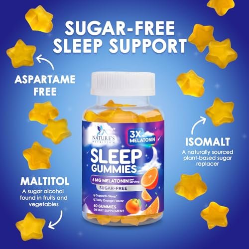 Melatonin Einschlaf Gummibärchen - 6mg pro Portion - Zuckerfreie Melatonin Gummis für Erwachsene - Extra starkes Schlaf-Gummipräparat - Unterstützt erholsamen Schlaf - Leckerer Orangen-Geschmack - 60 Gummis