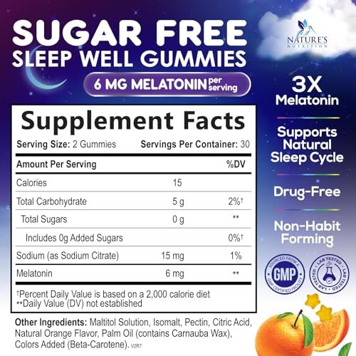 Melatonin Einschlaf Gummibärchen - 6mg pro Portion - Zuckerfreie Melatonin Gummis für Erwachsene - Extra starkes Schlaf-Gummipräparat - Unterstützt erholsamen Schlaf - Leckerer Orangen-Geschmack - 60 Gummis