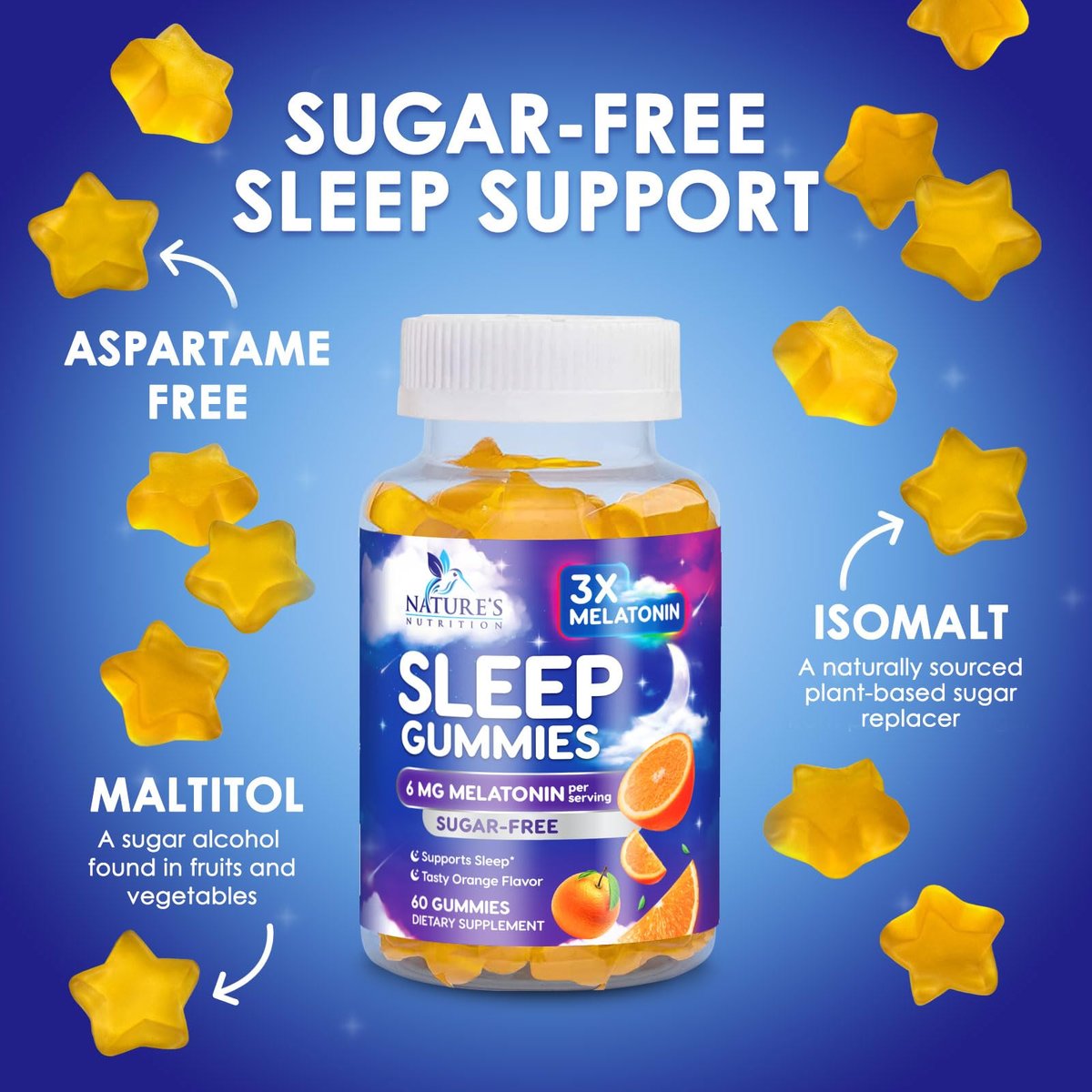 Melatonin Einschlaf Gummibärchen - 6mg pro Portion - Zuckerfreie Melatonin Gummis für Erwachsene - Extra starkes Schlaf-Gummipräparat - Unterstützt erholsamen Schlaf - Leckerer Orangen-Geschmack - 60 Gummis
