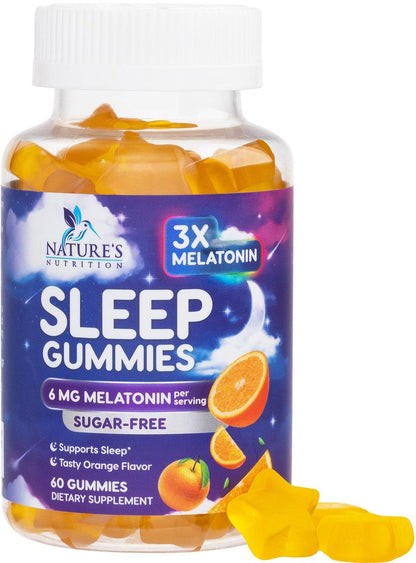 Melatonin Einschlaf Gummibärchen - 6mg pro Portion - Zuckerfreie Melatonin Gummis für Erwachsene - Extra starkes Schlaf-Gummipräparat - Unterstützt erholsamen Schlaf - Leckerer Orangen-Geschmack - 60 Gummis
