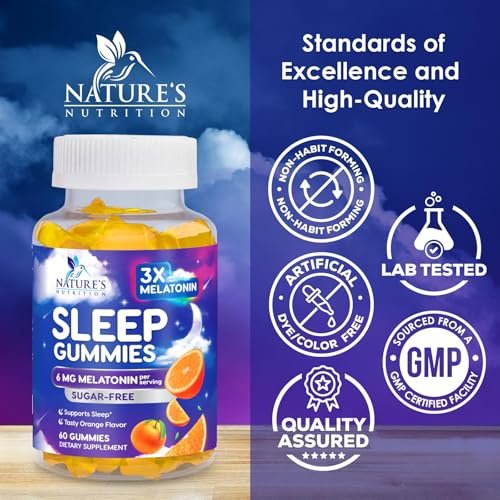 Melatonin Einschlaf Gummibärchen - 6mg pro Portion - Zuckerfreie Melatonin Gummis für Erwachsene - Extra starkes Schlaf-Gummipräparat - Unterstützt erholsamen Schlaf - Leckerer Orangen-Geschmack - 60 Gummis
