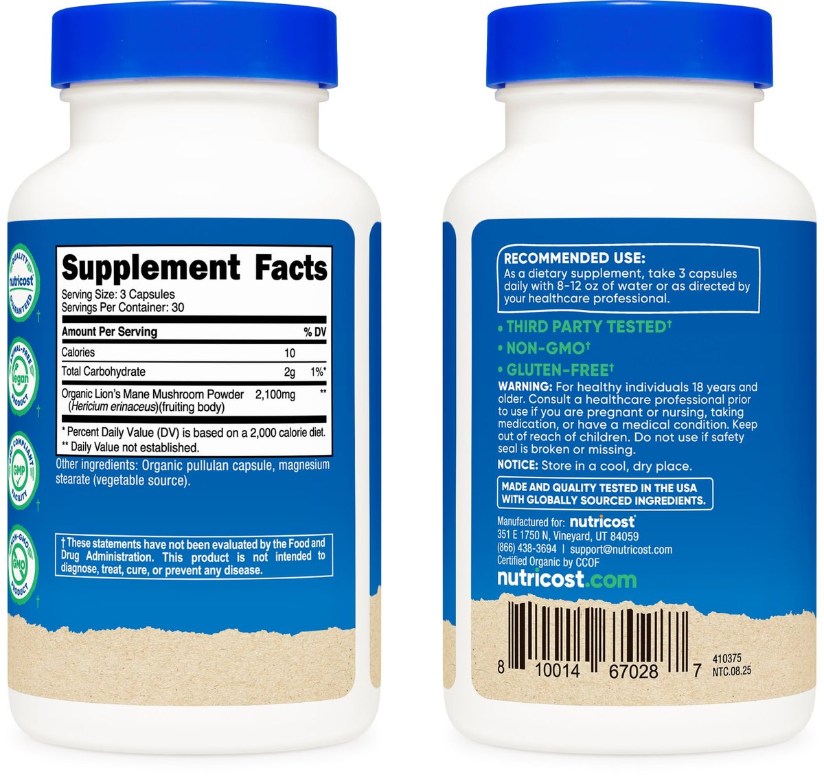 Nutricost Löwenmähne Pilz Kapseln 2100mg, 30 Portionen - CCOF Bio-zertifiziert, vegan, glutenfrei, 700mg pro Kapsel, 90 Kapseln