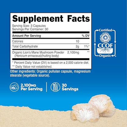 Nutricost Löwenmähne Pilz Kapseln 2100mg, 30 Portionen - CCOF Bio-zertifiziert, vegan, glutenfrei, 700mg pro Kapsel, 90 Kapseln
