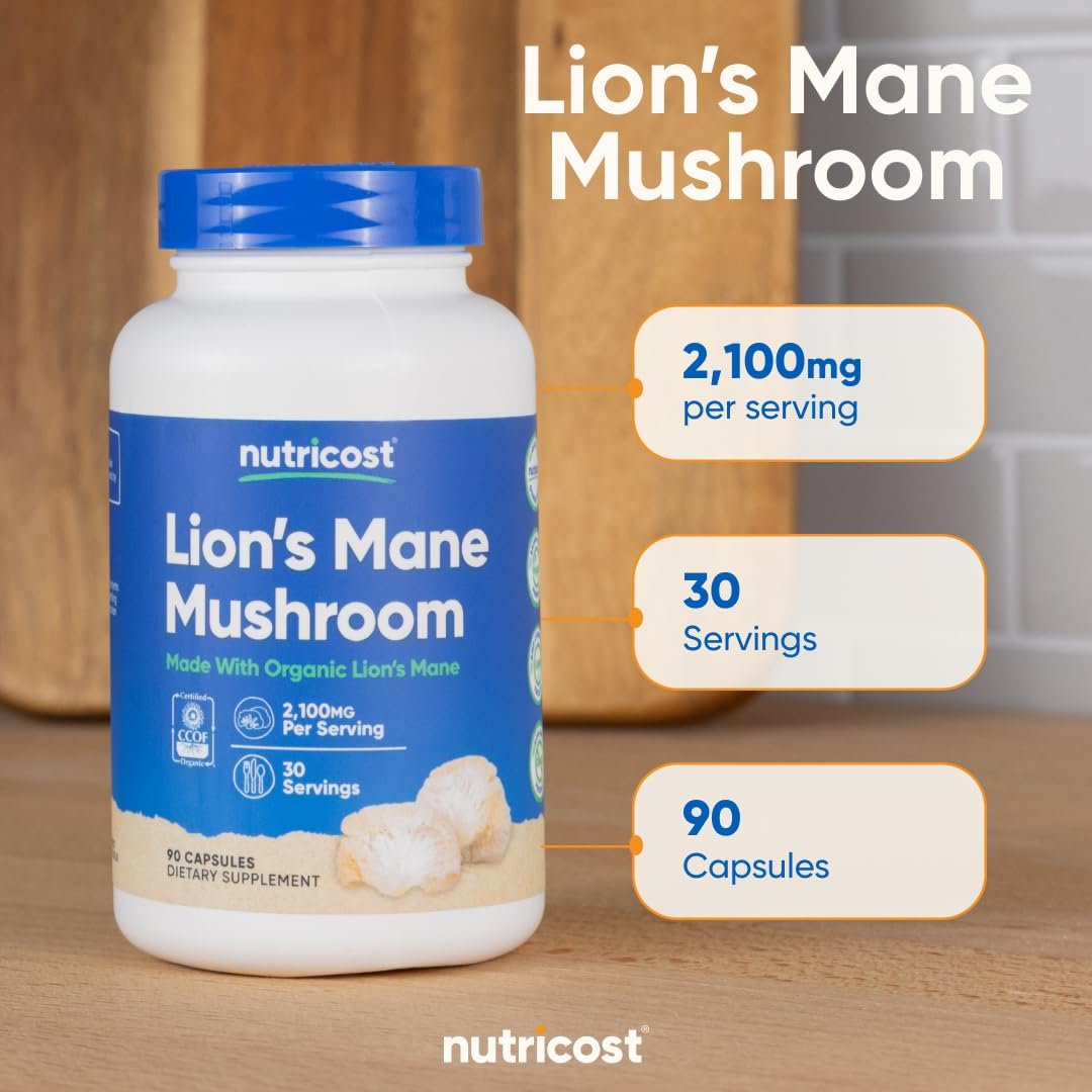 Nutricost Löwenmähne Pilz Kapseln 2100mg, 30 Portionen - CCOF Bio-zertifiziert, vegan, glutenfrei, 700mg pro Kapsel, 90 Kapseln