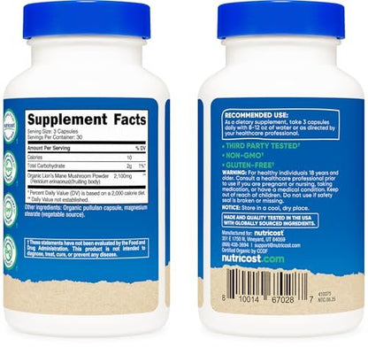 Nutricost Löwenmähne Pilz Kapseln 2100mg, 30 Portionen - CCOF Bio-zertifiziert, vegan, glutenfrei, 700mg pro Kapsel, 90 Kapseln