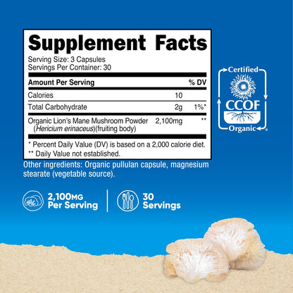 Nutricost Löwenmähne Pilz Kapseln 2100mg, 30 Portionen - CCOF Bio-zertifiziert, vegan, glutenfrei, 700mg pro Kapsel, 90 Kapseln
