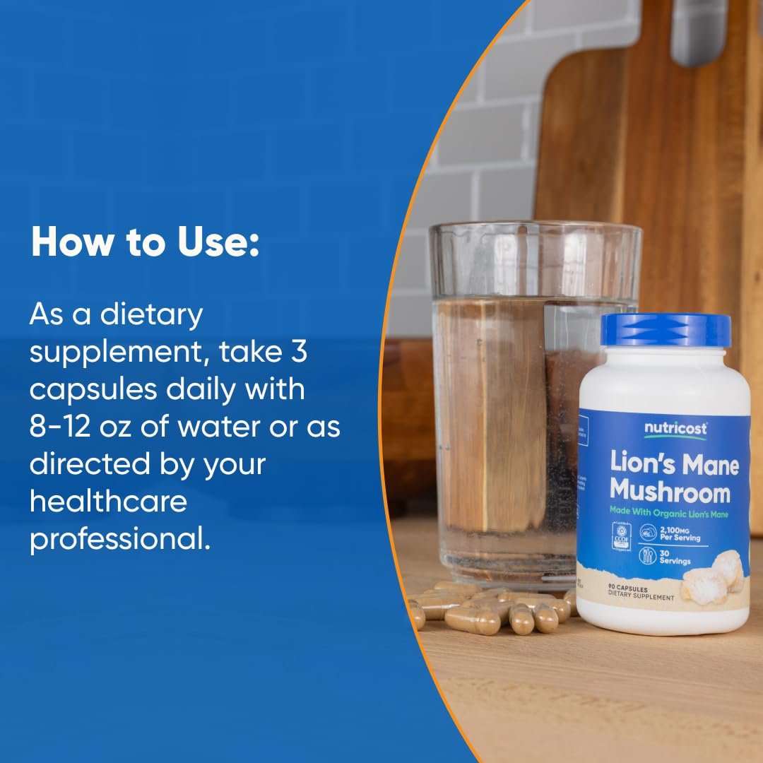 Nutricost Löwenmähne Pilz Kapseln 2100mg, 30 Portionen - CCOF Bio-zertifiziert, vegan, glutenfrei, 700mg pro Kapsel, 90 Kapseln