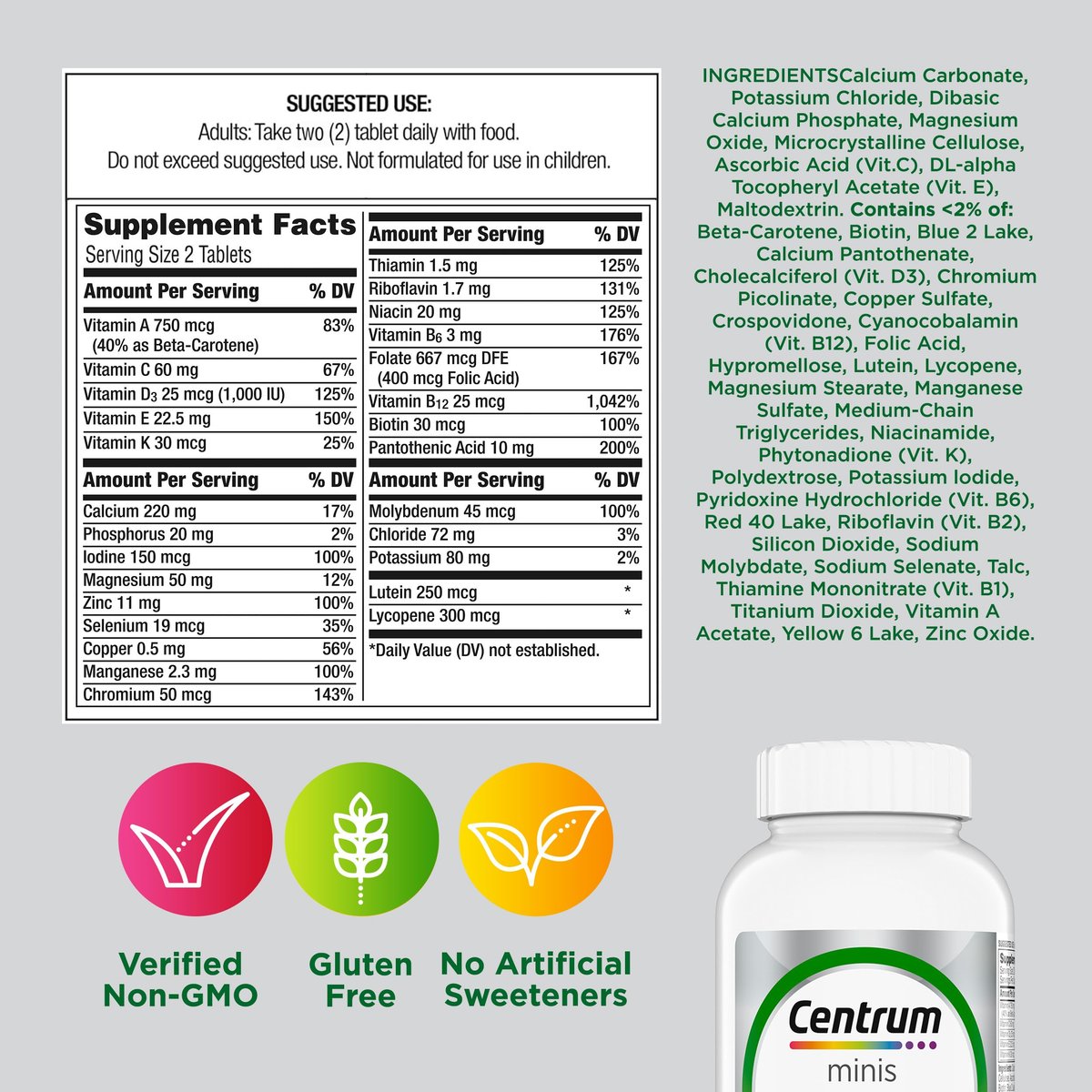 Centrum Minis Silber Multivitamin für Erwachsene ab 50, Multimineral-Ergänzung, Vitamin D3, B-Vitamine, glutenfrei, nicht gentechnisch verändert, unterstützt Gedächtnis und Kognition bei älteren Erwachsenen – 320 Stück
