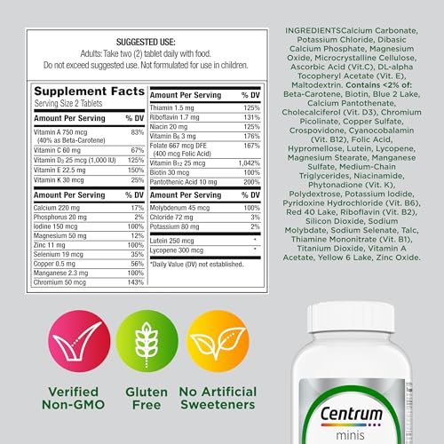 Centrum Minis Silber Multivitamin für Erwachsene ab 50, Multimineral-Ergänzung, Vitamin D3, B-Vitamine, glutenfrei, nicht gentechnisch verändert, unterstützt Gedächtnis und Kognition bei älteren Erwachsenen – 320 Stück