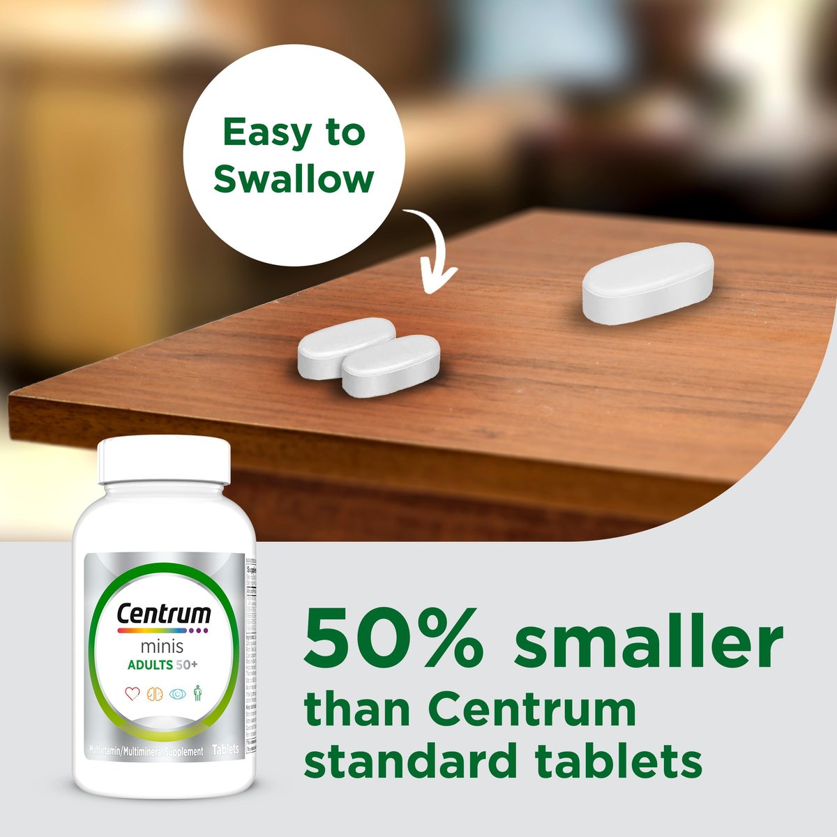 Centrum Minis Silber Multivitamin für Erwachsene ab 50, Multimineral-Ergänzung, Vitamin D3, B-Vitamine, glutenfrei, nicht gentechnisch verändert, unterstützt Gedächtnis und Kognition bei älteren Erwachsenen – 320 Stück