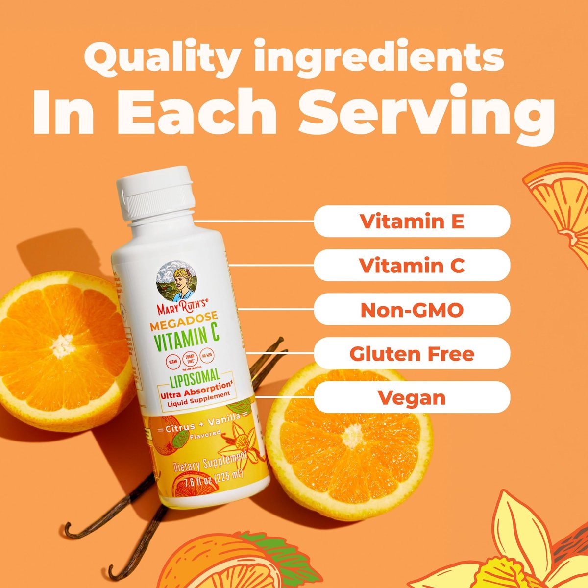MaryRuth's Megadose Liposomales Vitamin C Liquid | 500 mg pro Portion | Ultimative Absorption | Immununterstützung | Antioxidans | Kollagenbildung | Vegan | Glutenfrei | Zuckerfrei | 7,6 oz | 30 Portionen