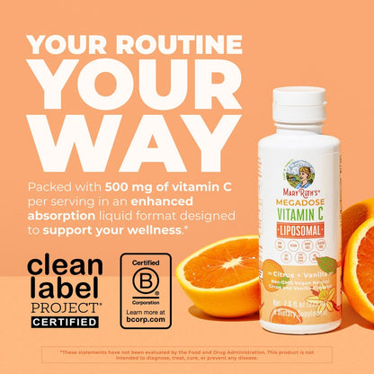 MaryRuth's Megadose Liposomales Vitamin C Liquid | 500 mg pro Portion | Ultimative Absorption | Immununterstützung | Antioxidans | Kollagenbildung | Vegan | Glutenfrei | Zuckerfrei | 7,6 oz | 30 Portionen