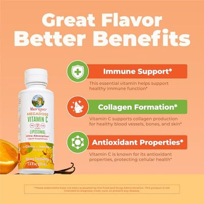 MaryRuth's Megadose Liposomales Vitamin C Liquid | 500 mg pro Portion | Ultimative Absorption | Immununterstützung | Antioxidans | Kollagenbildung | Vegan | Glutenfrei | Zuckerfrei | 7,6 oz | 30 Portionen