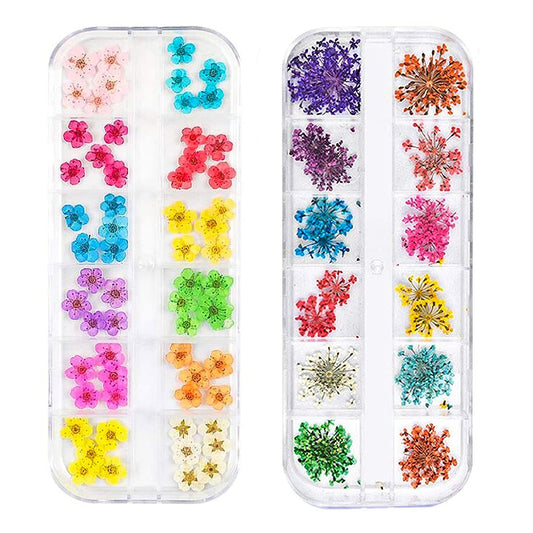 3D-Nagel-Trockenblumen-Sticker-Set CHANGAR – Echte Trockenblumen für Nagelkunst & Resin-Basteln – DIY Fünfblättrige Blüten, Blätter, Schleierkraut – Trockenblumen-Nagel-Dekorations-Set (2er-Pack)