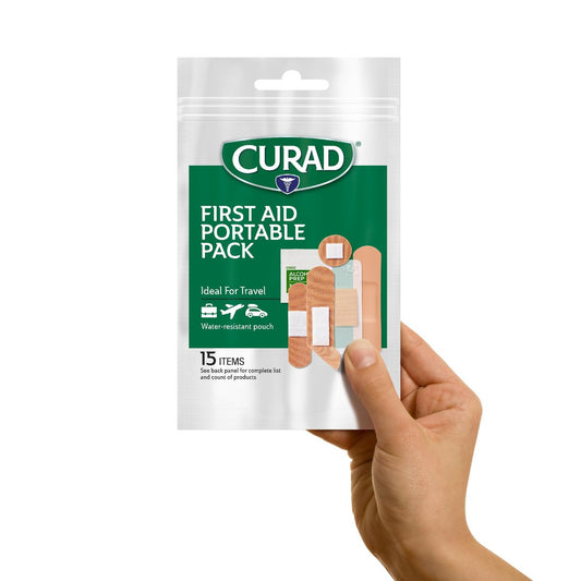CURAD Erste-Hilfe-Portable-Pack | 15-teiliges Notfall-Set für unterwegs | 12er-Pack