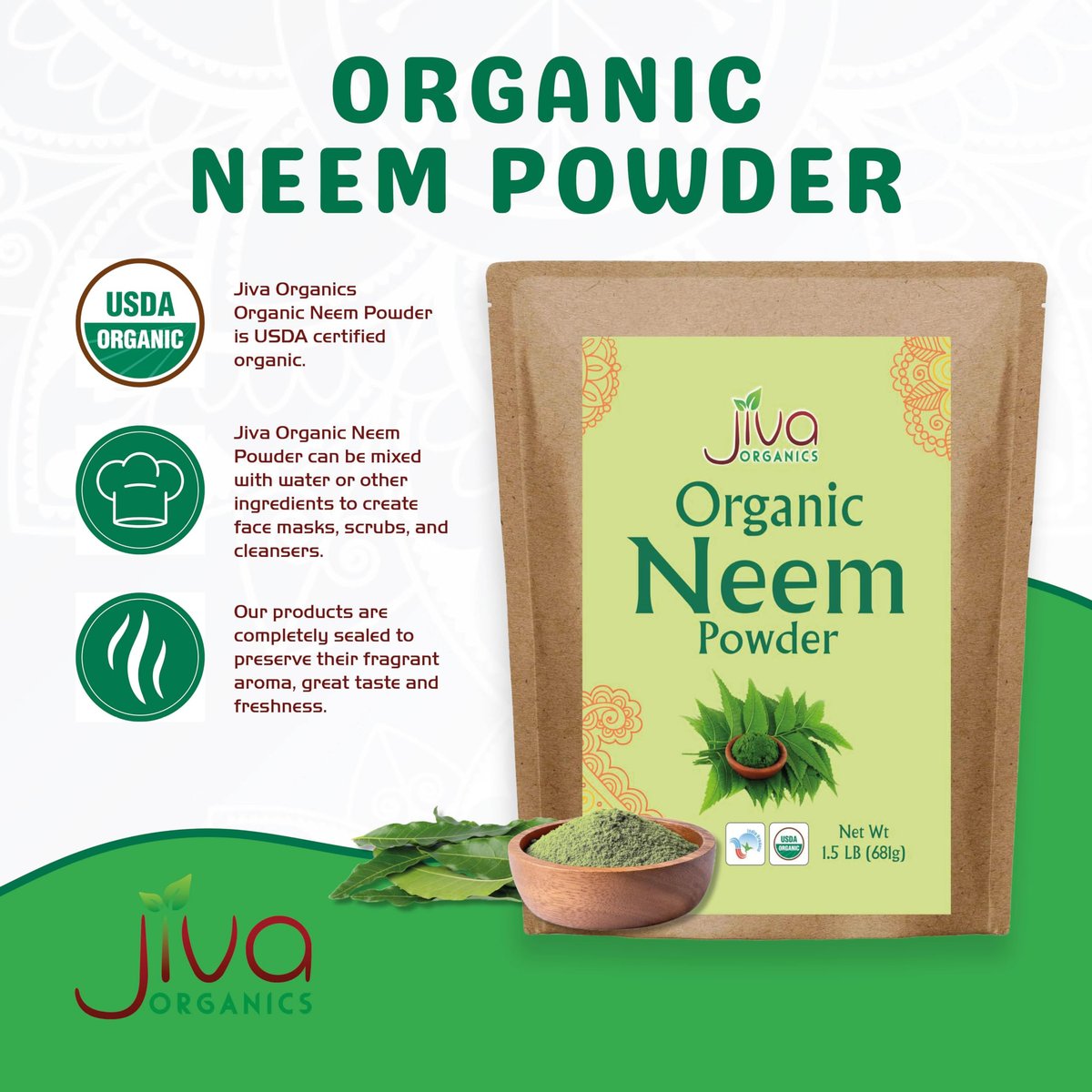Jiva Organics Bio Neemblattpulver 1,5 Pfund Beutel - Azadirachta Indica - Reines & Natürliches Ayurvedisches Kraut - Neempulver für Ernährung, Haut, Zahnfleisch und mehr!