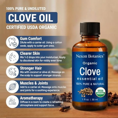Bio Nelkenöl 30 ml – Reines, natürliches, unverdünntes ätherisches Öl für Zahnschmerzen, Muskelkater, Haut- und Haarpflege – wohltuendes Nelkenknospenöl – Nexon Botanics