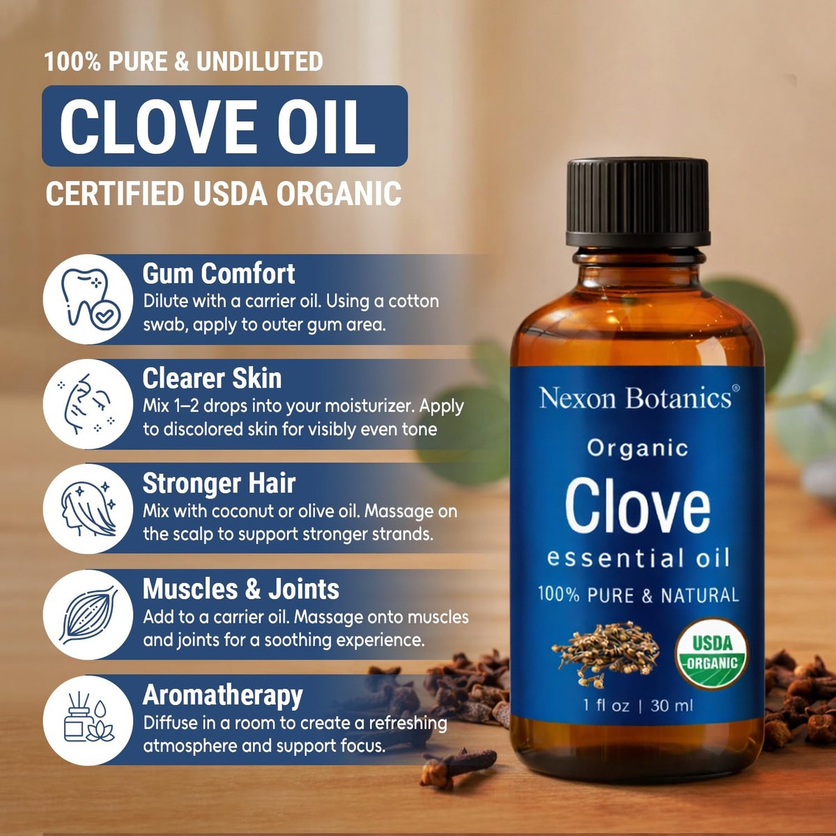 Bio Nelkenöl 30 ml – Reines, natürliches, unverdünntes ätherisches Öl für Zahnschmerzen, Muskelkater, Haut- und Haarpflege – wohltuendes Nelkenknospenöl – Nexon Botanics