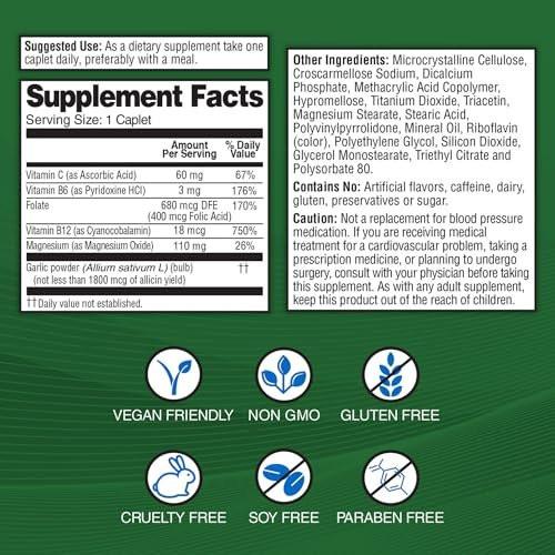 Garlique Knoblauchextrakt Nahrungsergänzungsmittel, Gesunder Blutdruck Formel, Geruchlos & Vegan, 60 Kapseln
