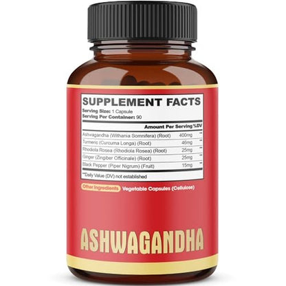 90 Kapseln - Ashwagandha Nahrungsergänzung mit Ingwerwurzel, Kurkuma, Rhodiola Rosea & Schwarzem Pfeffer