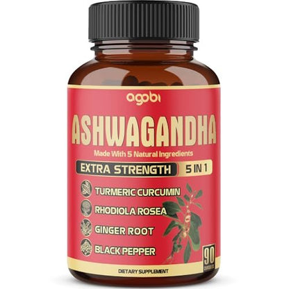 90 Kapseln - Ashwagandha Nahrungsergänzung mit Ingwerwurzel, Kurkuma, Rhodiola Rosea & Schwarzem Pfeffer