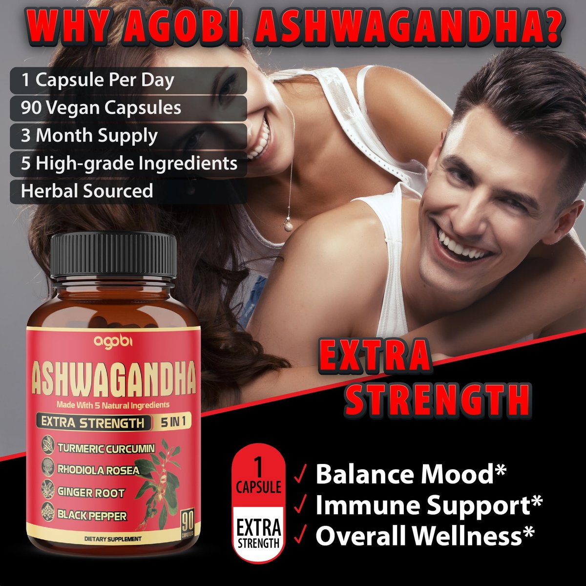90 Kapseln - Ashwagandha Nahrungsergänzung mit Ingwerwurzel, Kurkuma, Rhodiola Rosea & Schwarzem Pfeffer