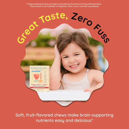 ChildLife Essentials Omega-3 DHA + Cholin SoftChew Gummis für Kinder – Omega 3 DHA Gummis mit Cholin, Fischöl für Babys, Kleinkinder und Kinder – Natürlicher Passionsfruchtgeschmack, 27 Tabletten