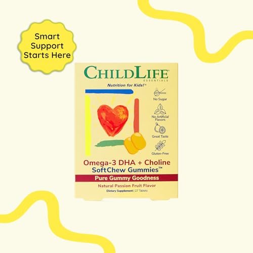 ChildLife Essentials Omega-3 DHA + Cholin SoftChew Gummis für Kinder – Omega 3 DHA Gummis mit Cholin, Fischöl für Babys, Kleinkinder und Kinder – Natürlicher Passionsfruchtgeschmack, 27 Tabletten