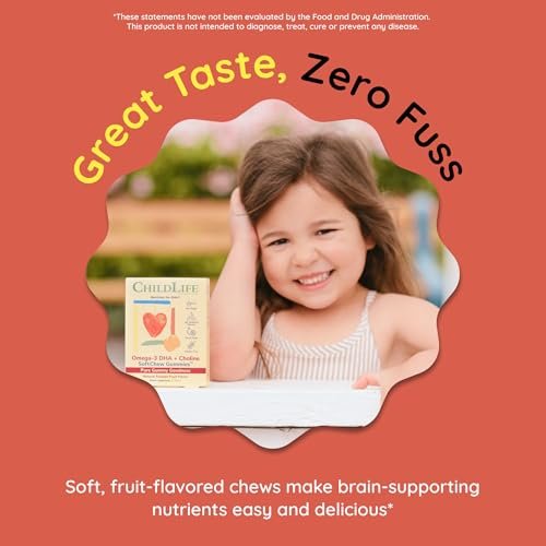 ChildLife Essentials Omega-3 DHA + Cholin SoftChew Gummis für Kinder – Omega 3 DHA Gummis mit Cholin, Fischöl für Babys, Kleinkinder und Kinder – Natürlicher Passionsfruchtgeschmack, 27 Tabletten
