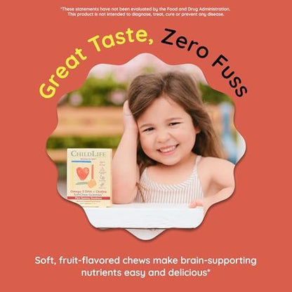 ChildLife Essentials Omega-3 DHA + Cholin SoftChew Gummis für Kinder – Omega 3 DHA Gummis mit Cholin, Fischöl für Babys, Kleinkinder und Kinder – Natürlicher Passionsfruchtgeschmack, 27 Tabletten