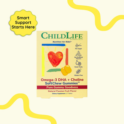ChildLife Essentials Omega-3 DHA + Cholin SoftChew Gummis für Kinder – Omega 3 DHA Gummis mit Cholin, Fischöl für Babys, Kleinkinder und Kinder – Natürlicher Passionsfruchtgeschmack, 27 Tabletten