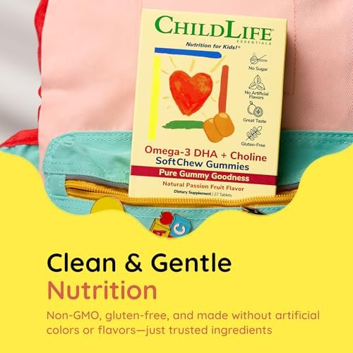 ChildLife Essentials Omega-3 DHA + Cholin SoftChew Gummis für Kinder – Omega 3 DHA Gummis mit Cholin, Fischöl für Babys, Kleinkinder und Kinder – Natürlicher Passionsfruchtgeschmack, 27 Tabletten