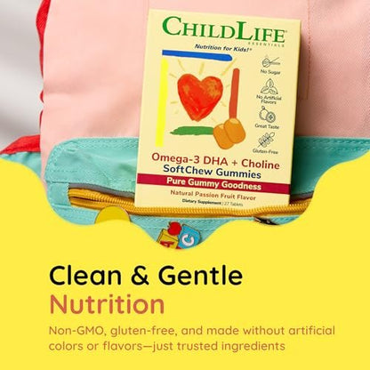 ChildLife Essentials Omega-3 DHA + Cholin SoftChew Gummis für Kinder – Omega 3 DHA Gummis mit Cholin, Fischöl für Babys, Kleinkinder und Kinder – Natürlicher Passionsfruchtgeschmack, 27 Tabletten